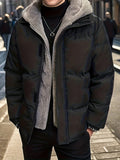 Plus Size Men's Hooded Puffer Jacket For Fall Winter, Patchwork Fake Two-piece Jacket, Thick Warm Tops For Males, Men's Clothing