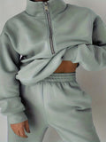 kkboxly  Casual Matching Two-piece Set, Zip Up Sweatshirt  & Solid Sweatpants Outfits, Women's Clothing
