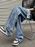 Men's Vintage Style Stars Pattern Loose Denim Pants With Pockets, Casual Breathable Cotton Blend Straight Leg Jeans For Spring Fall