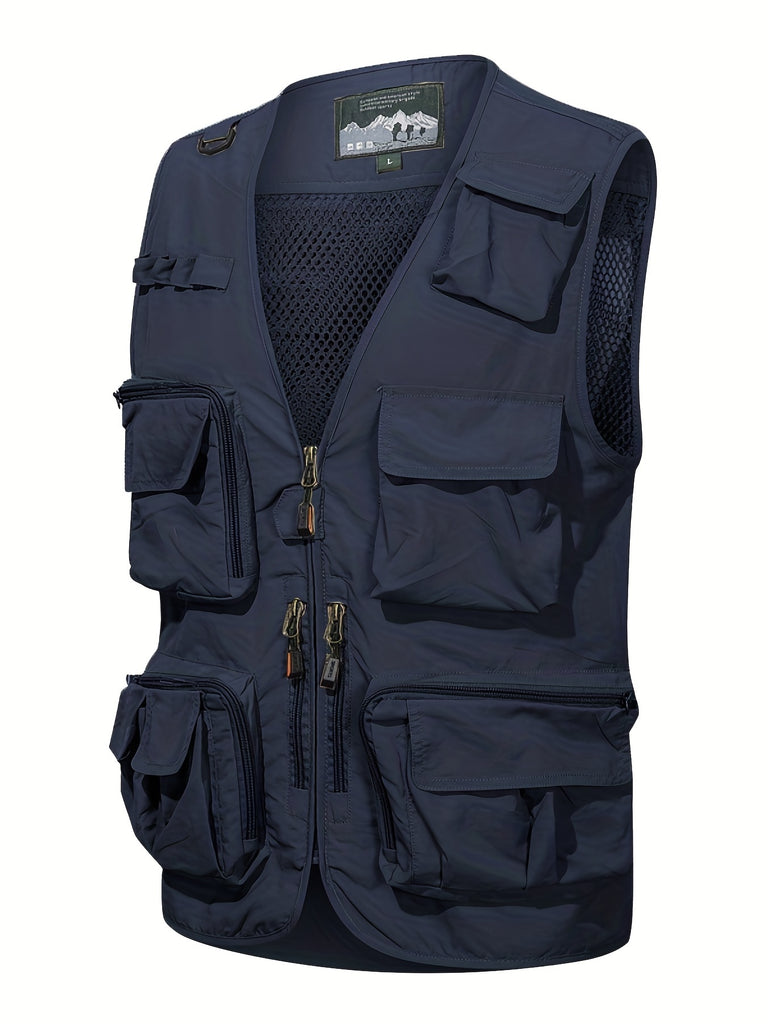kkboxly  Zipper Pockets Cargo Vest, Men's Casual Street Style Zip Up Vest For Spring Summer Outdoor Fishing Photography