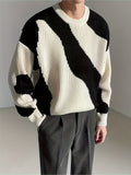 kkboxly  All Match Knitted Color Block Wave Pattern Cable Sweater, Men's Casual Warm Slightly Stretch Crew Neck Pullover Sweater For Men Fall Winter