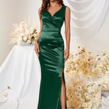 kkboxly  Solid V Neck Dress, Elegant Sleeveless Split Bodycon Dress For Party & Banquet, Women's Clothing