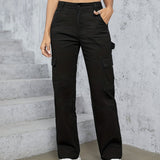 kkboxly  Plain Flap Pockets Cargo Pants, Loose Fit High Waist Wide Legs Sports Straight Jeans, Women's Activewear