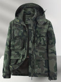 kkboxly  Camouflage Pattern Hooded Cargo Jacket, Men's Casual Multi Pocket Jacket