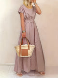 kkboxly  Solid Short Sleeve Dress, Casual Crew Neck High Waist Simple Maxi Dress, Women's Clothing