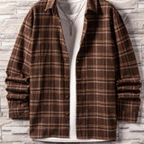 kkboxly  Men's Plaid Turndown Collar Long Sleeve Shirt, Trendy Comfy Loose Shirt For Spring Autumn