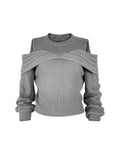 Elegant Cold Shoulder Solid Knit Sweater, Casual Crew Neck Long Sleeve Sweater, Women's Clothing