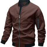 kkboxly  Classic Design Track Jacket, Men's Casual Baseball Collar Solid Color Zip Up Jacket For Spring Fall
