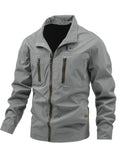 kkboxly  Chic Thin Windbreaker Jacket, Men's Casual Stand Collar Cargo Jacket For Spring Fall Outdoor Activities