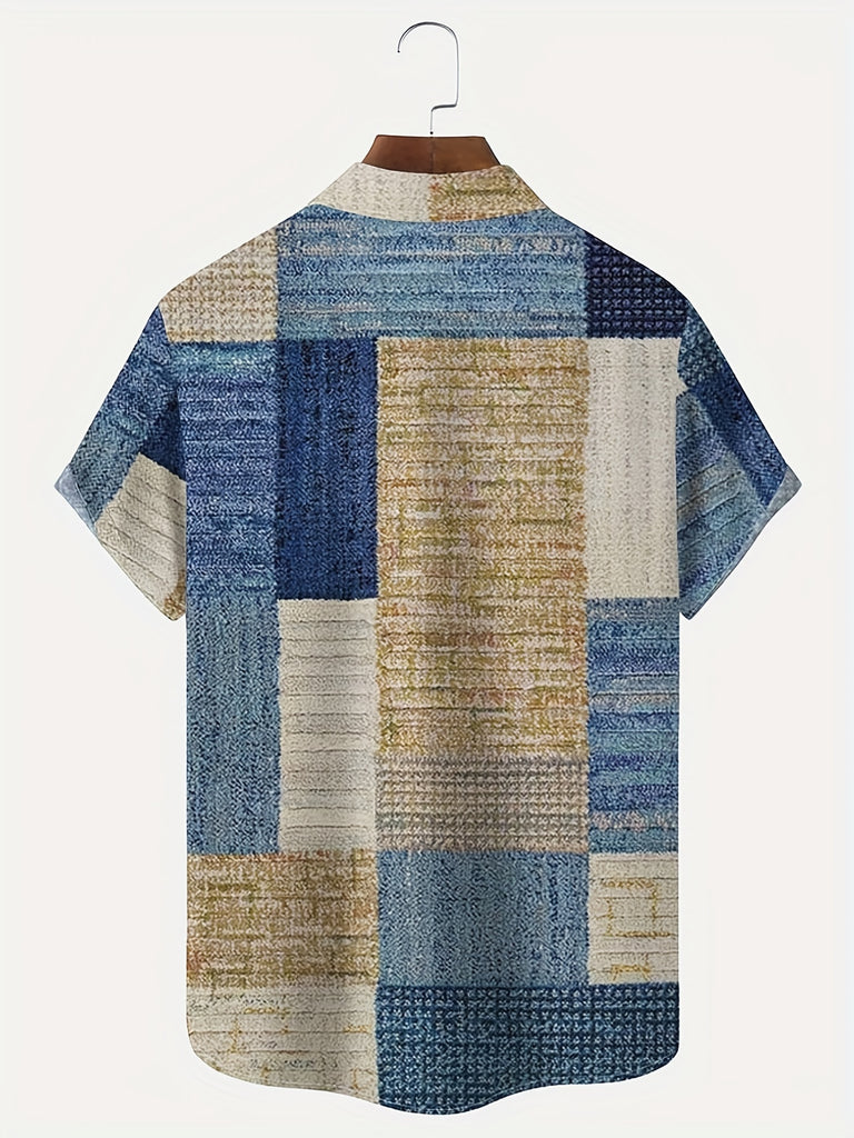 kkboxly  Retro Carpet Texture Geometric Pattern Men's Casual Short Sleeve Lapel Shirt, Summer Outdoor
