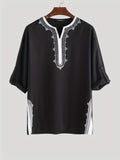 kkboxly  Men's Casual T Shirts Long Sleeve V-Neck Tees, Ethnic Style Floral Graphic Tops For Males, Vintage Loose Floral T-Shirts, Plus Size