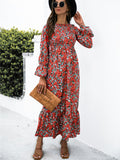 kkboxly  Long Sleeve Full Print Maxi Dress, Crew Neck Shirred Ruffle Sleeve Dress, Casual Dresses For Fall & Winter, Women's Dresses