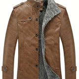 Men's Warm Fleece PU Jacket For Fall Winter, Casual Button Up Stand Collar Faux Leather Jacket