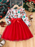 Little Girls' Cartoon Christmas Party Dress - Long Sleeve A-line Tutu Dress with Ribbon Belt, Holiday Gift Pattern for Celebrations