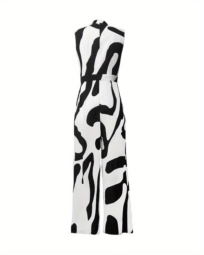 kkboxly  Abstract Print Button Front Jumpsuit, Casual Sleeveless Wide Leg Jumpsuit For Spring & Summer, Women's Clothing