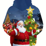 kkboxly  Christmas Elk& Santa Print Hoodie, Cool Hoodies For Men, Men's Casual Graphic Design Pullover Hooded Sweatshirt With Kangaroo Pocket Streetwear For Winter Fall, As Gifts