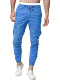 Solid Color, Men's Drawstring Cargo Pants, Flap Pocket Trendy Jogger Pants, Mens Work Pants