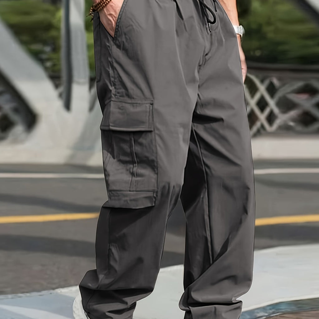 kkboxly Trendy Solid Cargo Pants, Men's Multi Flap Pocket Trousers, Loose Casual Outdoor Pants, Men's Work Pants Outdoors Streetwear Hip Hop Style