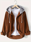 kkboxly  Corduroy Men's Casual Comfy Long Sleeve Hooded Shirt, Men's Fall Winter Color Block Outwear