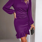 kkboxly  Solid Crew Neck Dress, Elegant Long Sleeve Ruffle Hem Dress, Women's Clothing