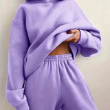 kkboxly  Casual Solid Two-piece Set, Drop Shoulder Long Sleeve Hoodies & Elastic Waist Jogger Pants Outfits, Women's Clothing