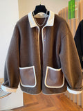 kkboxly  Contrast Trim Patched Pockets Outwear, Versatile Long Sleeve Button Front Coat For Fall & Winter, Women's Clothing