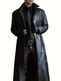 kkboxly  Men's Chic Pu Overcoat, Casual Lapel Stretch Button Up Faux Leather Long Coat For Spring Fall