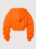 kkboxly  Letter Print Zip Up Crop Hoodie, Casual Long Sleeve Drawstring Hoodies Sweatshirt, Women's Clothing