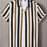 kkboxly  Vertical Stripe Print Men's Casual Short Sleeve Shirt, Men's Shirt For Summer Vacation Resort