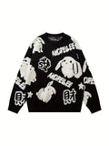 kkboxly  YWFG All Match Knitted Cute Rabbit & Wealth Chenille Embroidery Sweater, Men's Casual Warm Slightly Stretch Crew Neck Pullover Sweater For Men Fall Winter