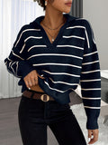kkboxly  Striped Print Drop Shoulder Knit Sweater, Casual V Neck Long Sleeve Sweater, Women's Clothing