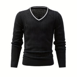 kkboxly  High Stretch Texture Knitted Sweater, Men's Semi-formal Warm V Neck Pullover Sweater For Fall Winter