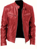 kkboxly  Men's Faux Leather Windbreaker Plain Zipper Stand Collar Long Sleeve PU Jacket For Motorcycle