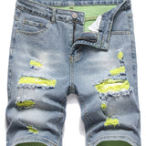 kkboxly  Yellow Green Ripped Denim Shorts, Men's Casual Street Style Distressed Mid Stretch Denim Shorts For Summer