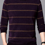 Men's Stylish Stripe Pattern Knitted Pullover, Casual Breathable Long Sleeve Crew Neck Top For City Walk Street Hanging Outdoor Activities