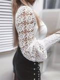 kkboxlySolid Contrast Lace Blouse, Elegant Mandarin Collar Long Sleeve Blouse, Women's Clothing