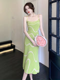 kkboxly  Wavy Striped Print Dress, Elegant Spaghetti Sleeveless Bodycon Midi Dress, Women's Clothing
