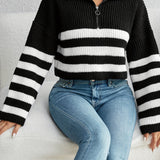 kkboxly  Striped Zip Turndown Collar Crop Sweater, Casual Long Sleeve Drop Shoulder Sweater, Women's Clothing