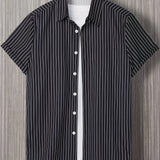 kkboxly  Vertical Stripe Print Men's Casual Short Sleeve Shirt, Men's Shirt For Summer Vacation Resort