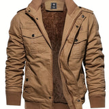 kkboxly Warm Plush Fleece Cotton Jacket, Men's Casual Zipper Pockets Stand Collar Jacket Coat For Fall Winter