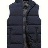 kkboxly  Warm Winter Vest, Men's Casual Zipper Pockets Stand Collar Zip Up Cotton Padded Vest For Fall Winter
