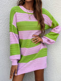 kkboxly  Striped Color Block Crew Neck Dress, Elegant Long Sleeve Drop Shoulder Loose Dress, Women's Clothing