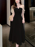 kkboxly  Contrast Mesh Ruffle Dress, Elegant Puff Sleeve Evening Party Dress, Women's Clothing