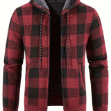 kkboxly  All Match Knitted Plaid Hooded Cardigan Jacket, Men's Casual Warm Slightly Stretch Zip Up Jacket Coat For Fall Winter
