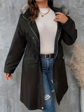 kkboxly  Plus Size Casual Winter Coat, Women's Plus Solid Long Sleeve Drawstring Fuzzy Trim Hooded Zip Up Snap Buttons Tunic Parka Coat With Pockets