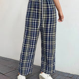 2025 kkboxly  Plaid Pattern Drawstring Waist Pants, Casual Wide Leg Pants, Women's Clothing