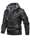 kkboxly  Men's PU Leather Hooded Pockets Zipper Long Sleeves Jackets