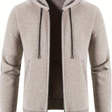 kkboxly  Warm Hooded Fleece Jacket, Men's Casual Comfortable Solid Color Zip Up Knitted Cardigan For Spring Fall