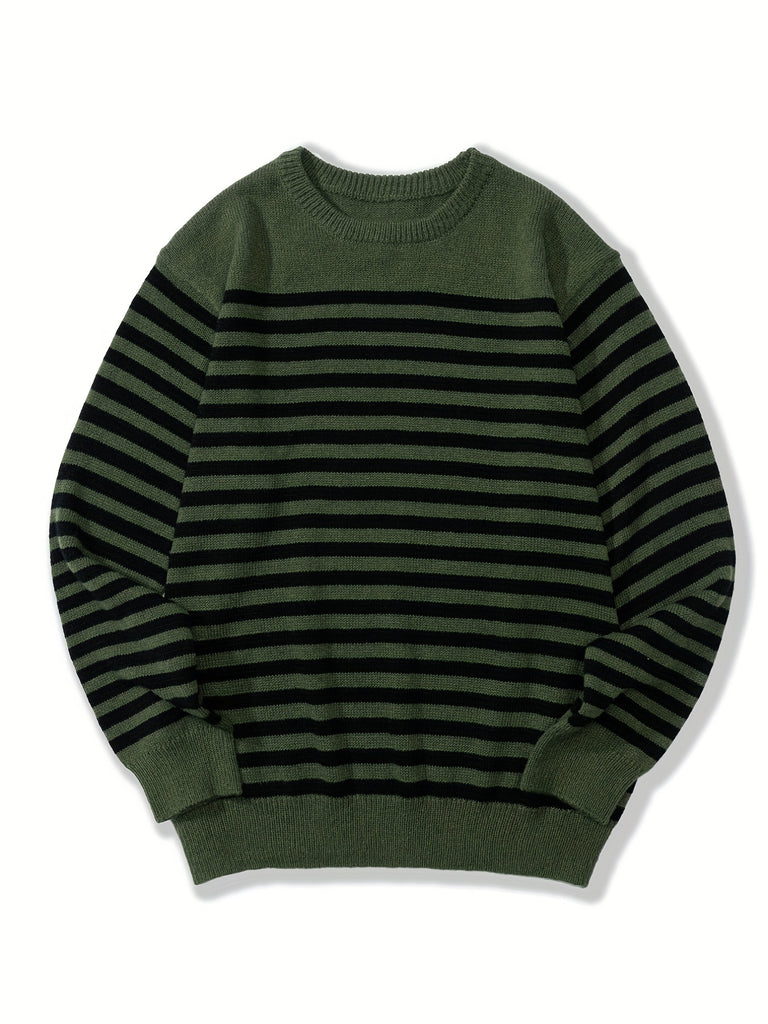 kkboxly  Men's Striped Long Sleeve Sweater For Spring & Autumn, Knit Pullover Sweater, Plus Size