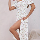 kkboxly  Floral Print Split Backless Dress, Boho Square Neck Short Sleeve Dress, Women's Clothing